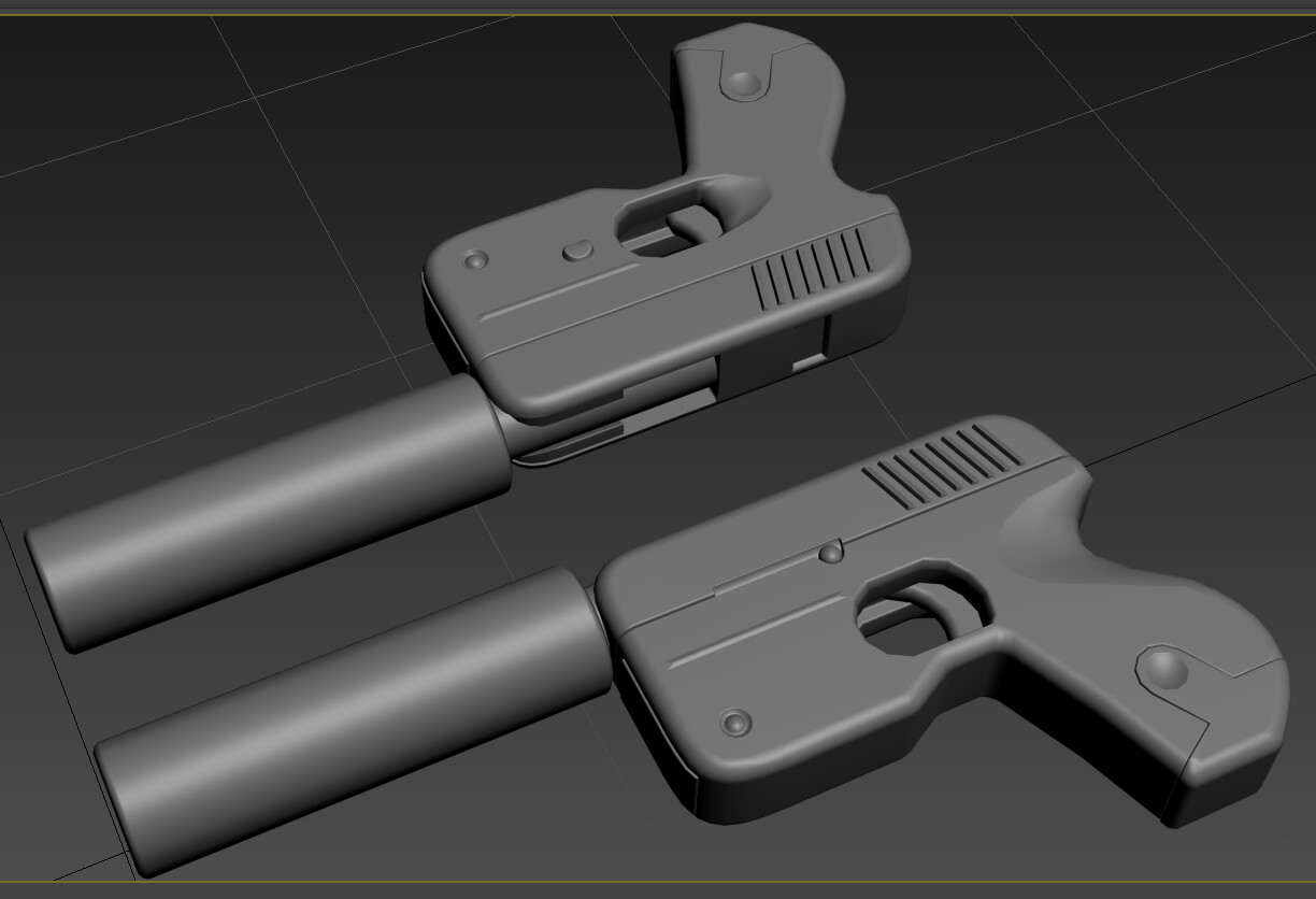 Model with no textures. The weapon was inspired by the Taurus Curve pistol although this gun is caseless (for the gun nerds, no breech) and suppressed. The weapon is loaded with 7mm subsonic rounds. 