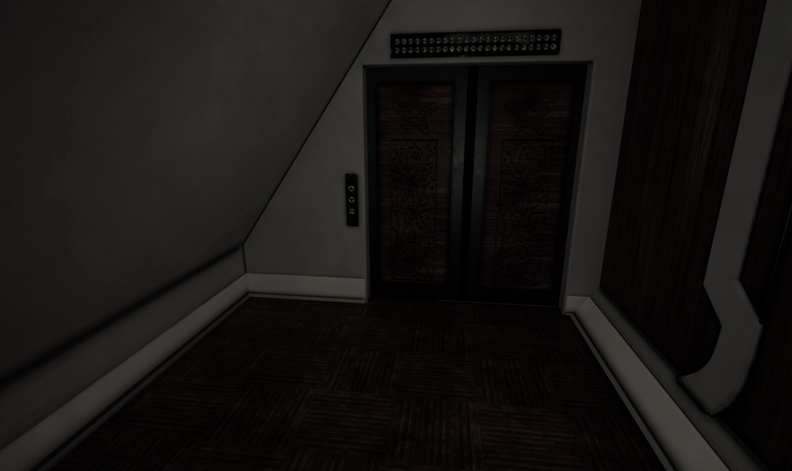 For a metaverse space, the elevator doors would animate. The entry/exit portal would exist inside. The piano room itself is located somewhere between floors 65 and 70.