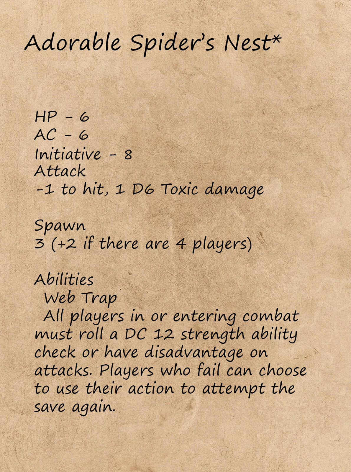 An example of an Event card, showing the information needed for an enemy spawn event