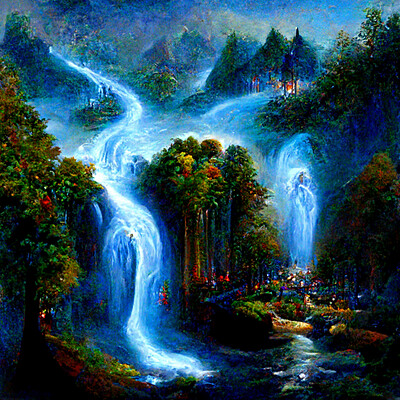 Chilton webb b7e5d569 57e4 4c87 badb 059147be5535 chilton sacred mystical forest with a thin blue river and a waterfall by thomas kincade
