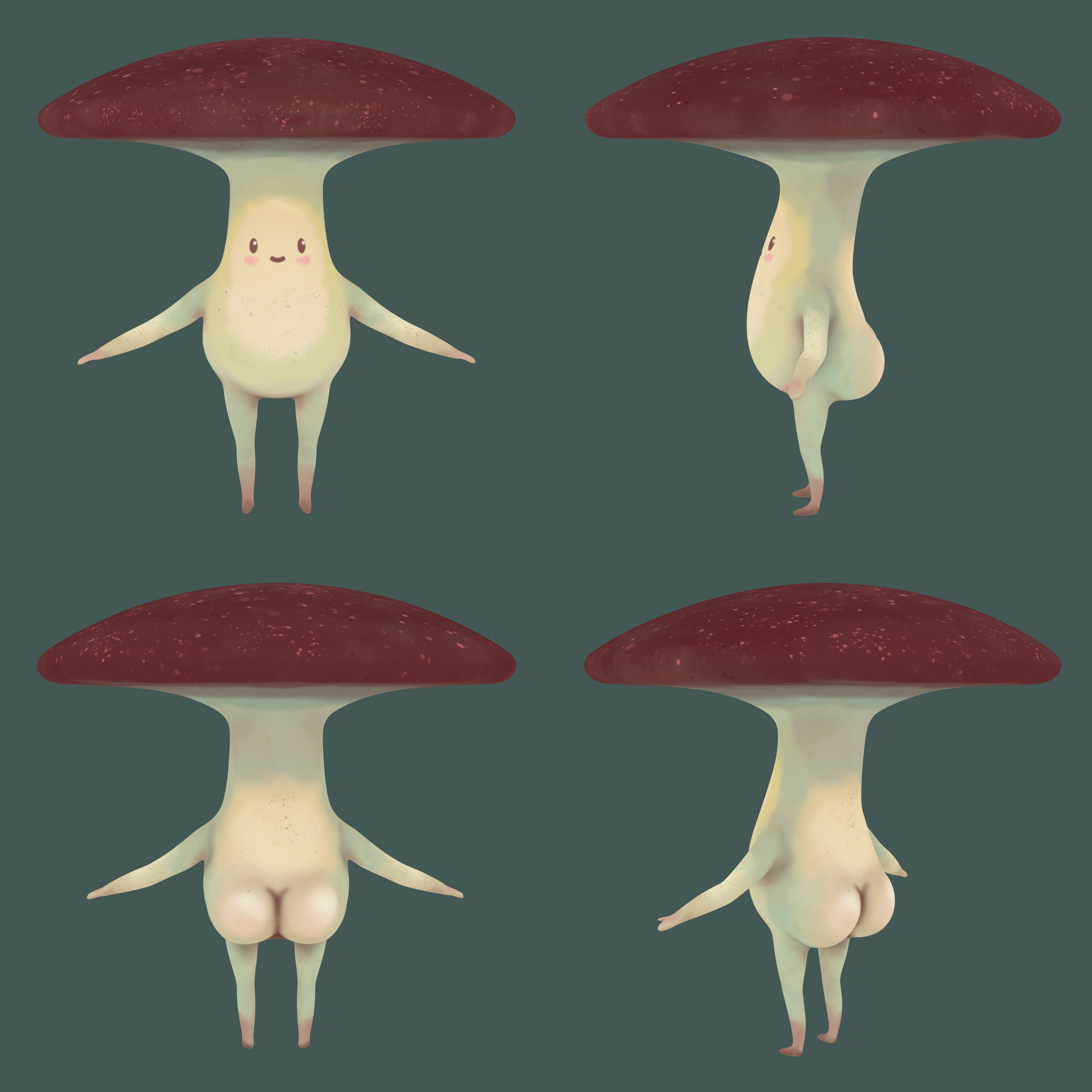 Near-orthographic views of the neutral pose that I sculpted the mushroom in before rigging and posing in Maya