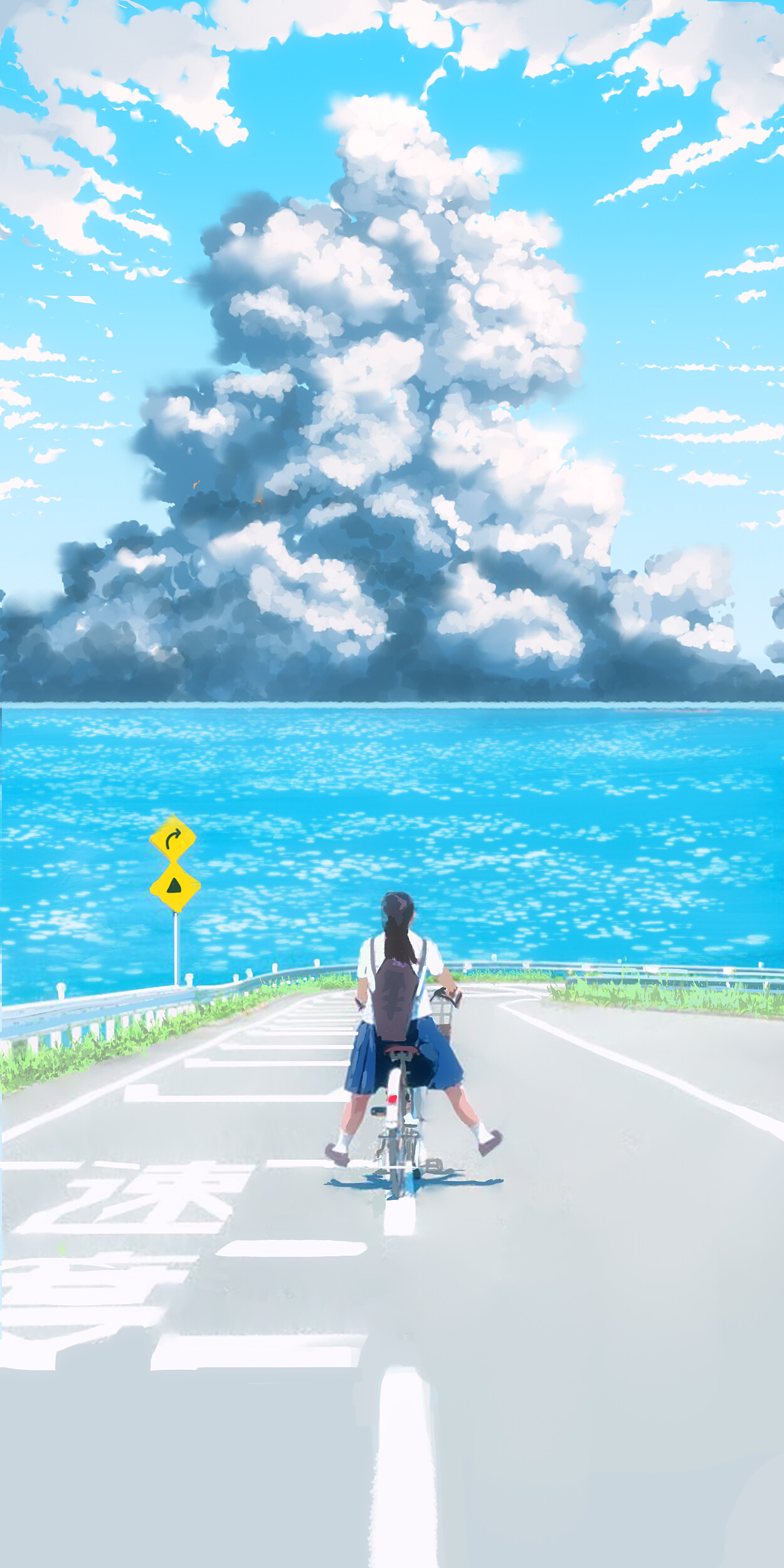 Anime Girl Art Ocean Clouds Sky Scenery HD 4K Wallpaper 82923