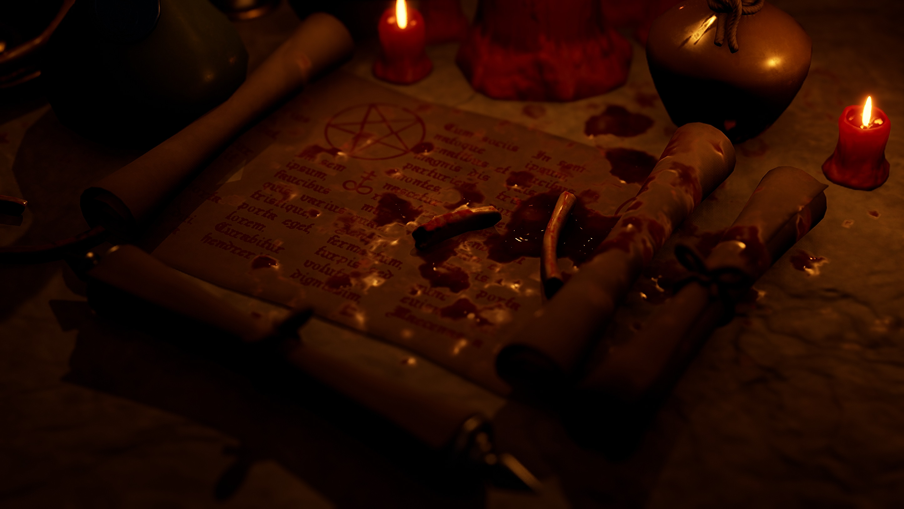 Scroll, blood and bone props created by myself.