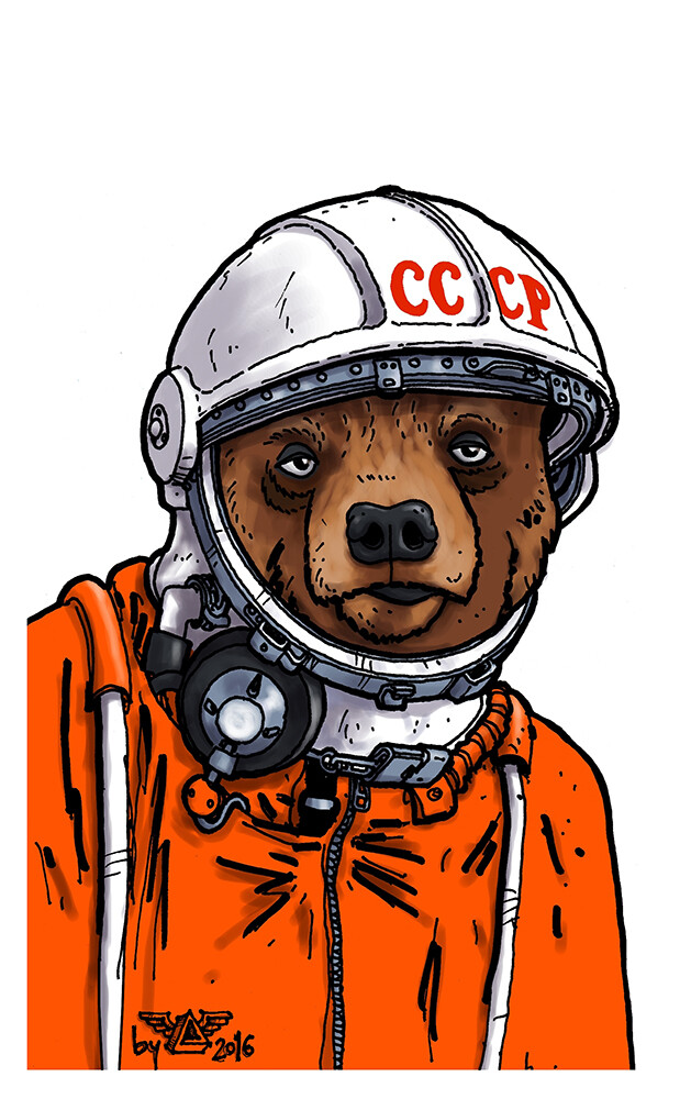 Bear wearing a Soviet SK-1 spacesuit.