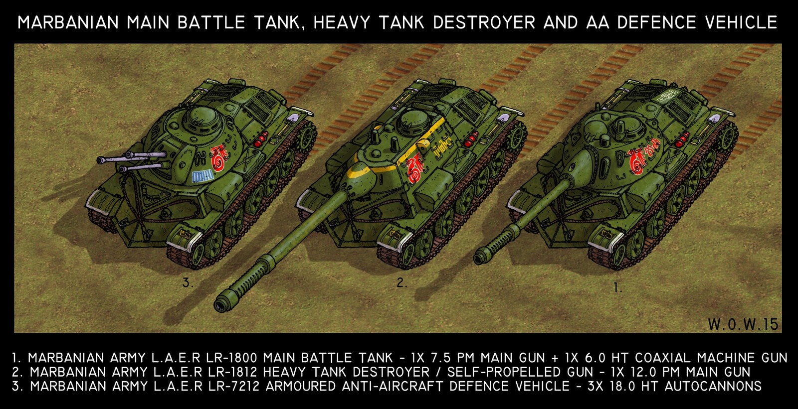 Marbanian heavy tanks, including main battle tank, turret-less tank destroyer and heavy AA vehicle.  