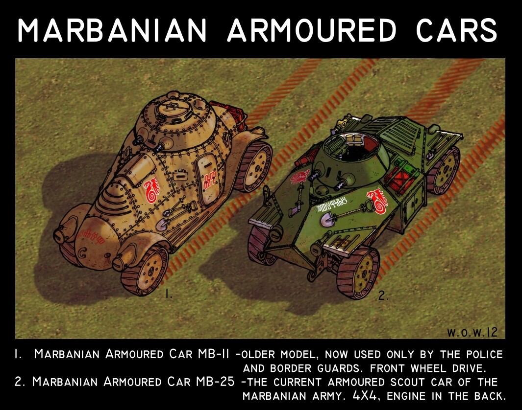 A couple of armoured car designs for the Marbanian side. 