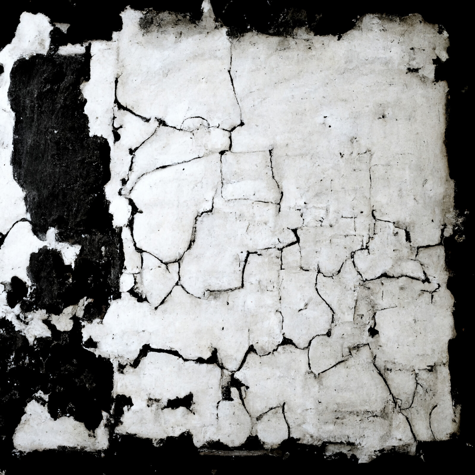 Grunge map creation test - raw outputs. Editing would be required to make tileable. (Prompt: "old worn plaster surface, black and white" )