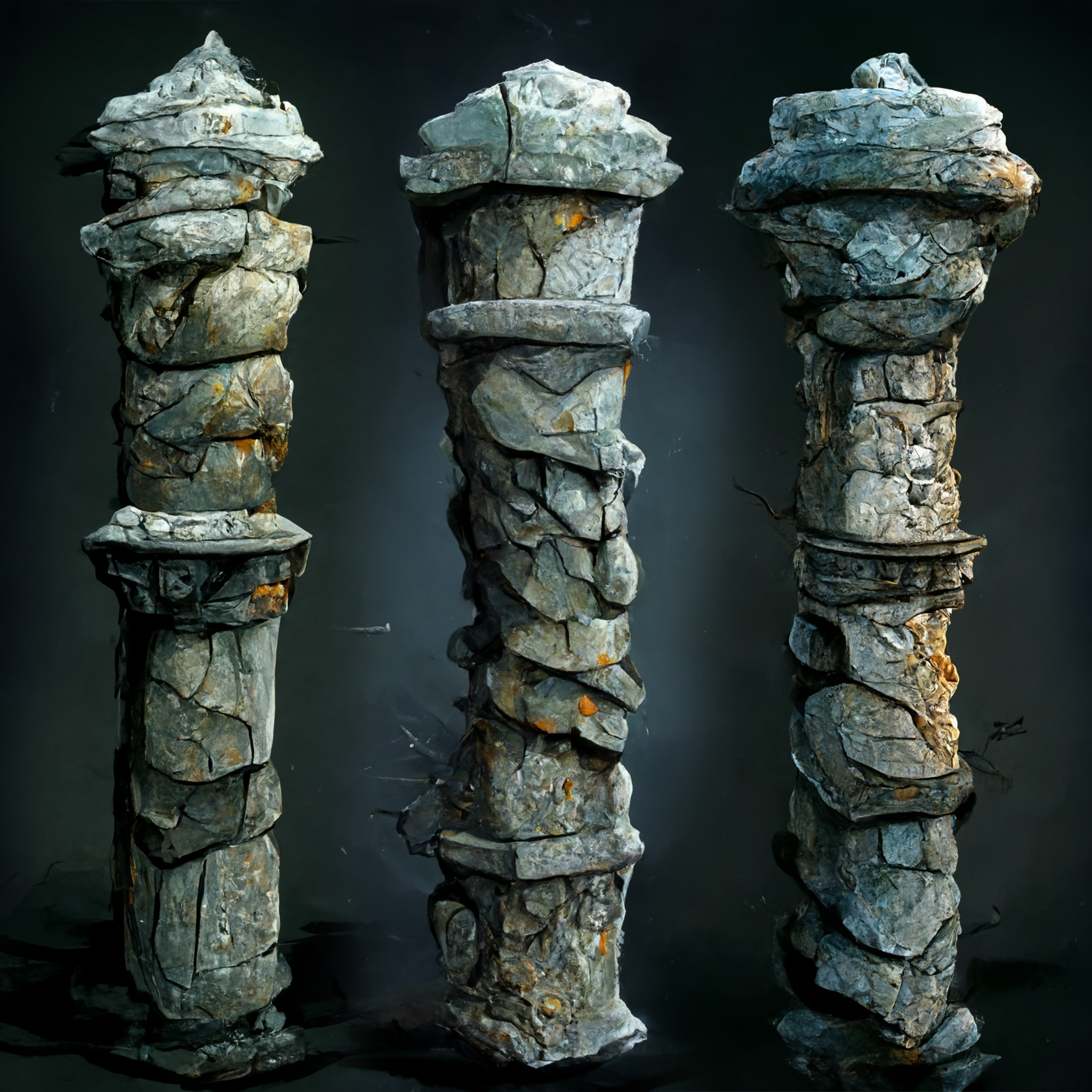 Concepting exploration and fun! PS to blend these 3 individual outputs to one image. (Prompt: "concept art of a broken stone pillar, highly detailed")