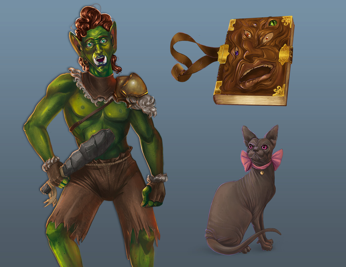 Additional game sprites, including the Young Orc, Grimm the Grimoire, and Bartholomew the Sphinx cat.