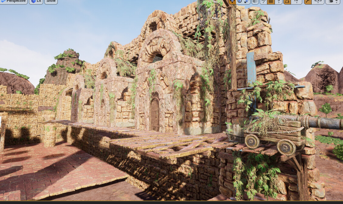 Once the blockout was done, I swapped out the placeholders with the real assets. I wanted to make it look like people used to live here, you see their homes been taken over by mother nature.