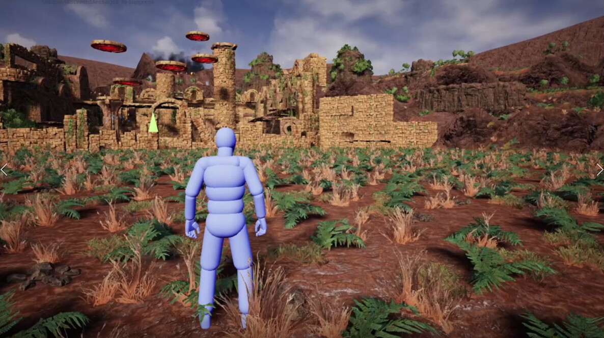 The view when coming to the ruins from the village below it. Using Blueprints I made the platform move between two points so that the player could access places you couldn´t otherwise. 