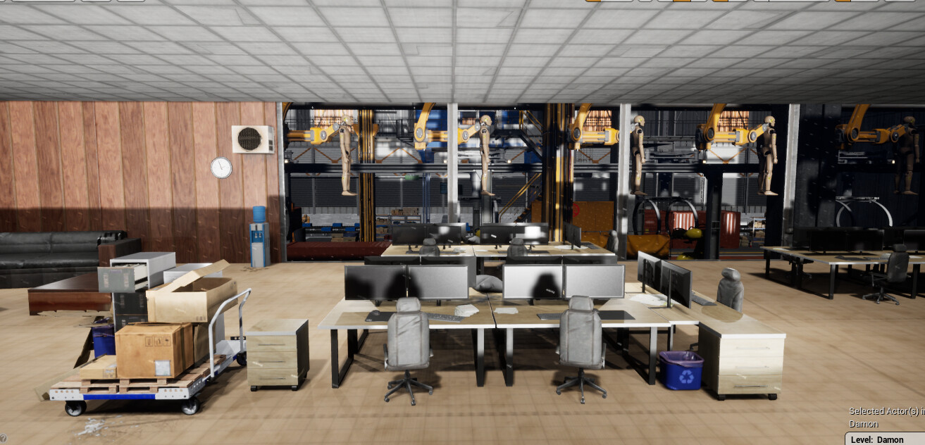 An overview of the office, where the game starts in. In the background is the factory that will be seen through out the game while being in the office space. The design pillars for the game are: Exploration, Platforming and Abilities. 