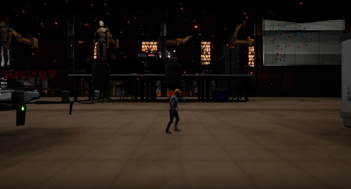 Gravity flip is also introduced to the player in the office to help navigate out of there. Whenever the player would enter a space with light floating particles, you could flip yourself upside down. With this in mind creating levels was more creative.