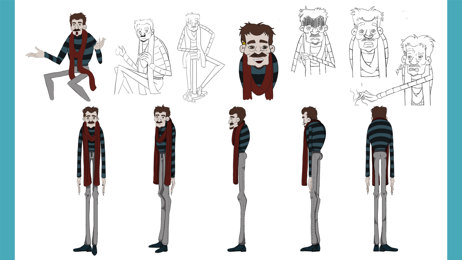 Here we can see the development process of the main character, the artist, a part of pre-production carried out for the discipline of Character Development, which explores poses and expressions.