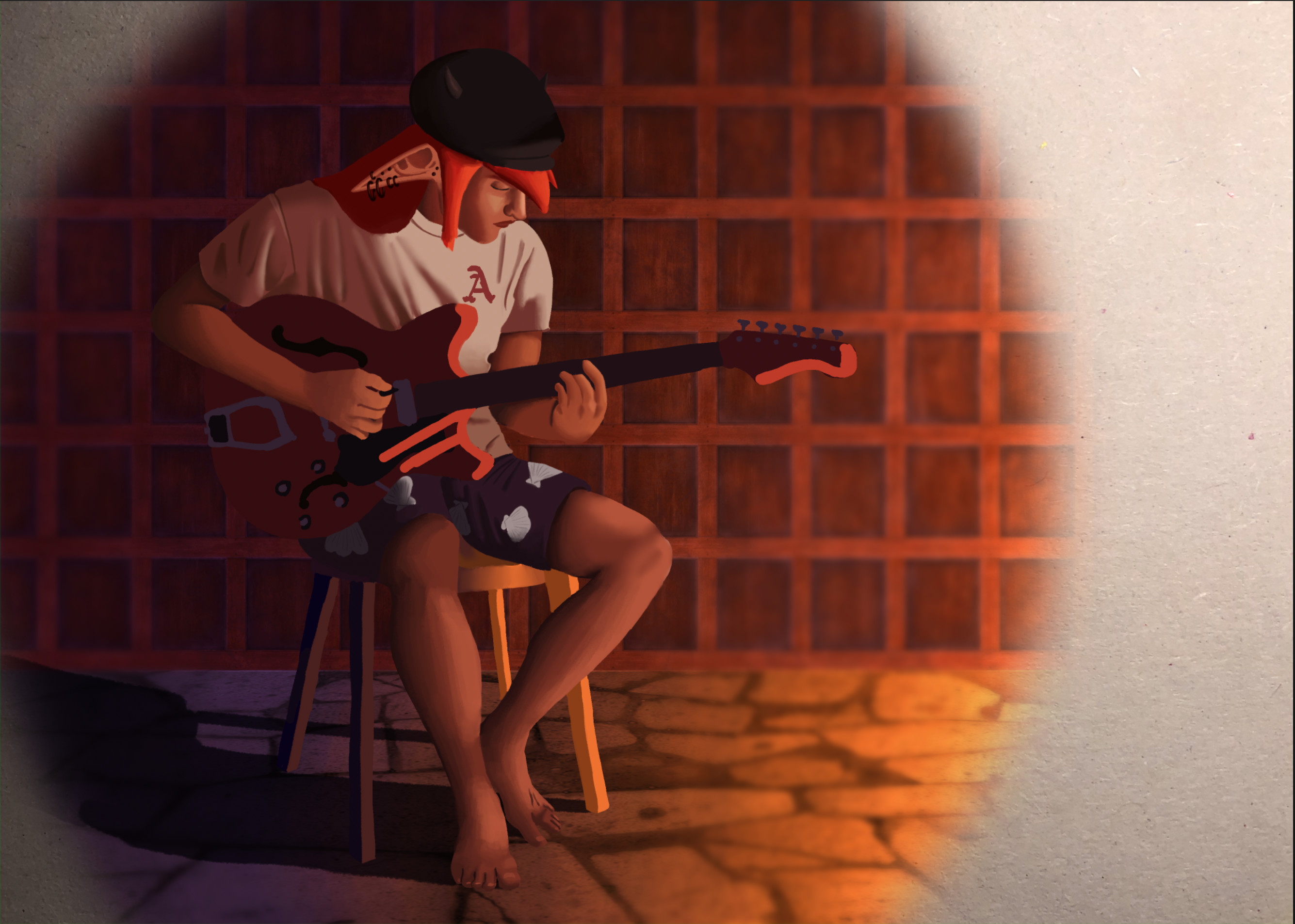 partially rendered, still needs hair and guitar rendered