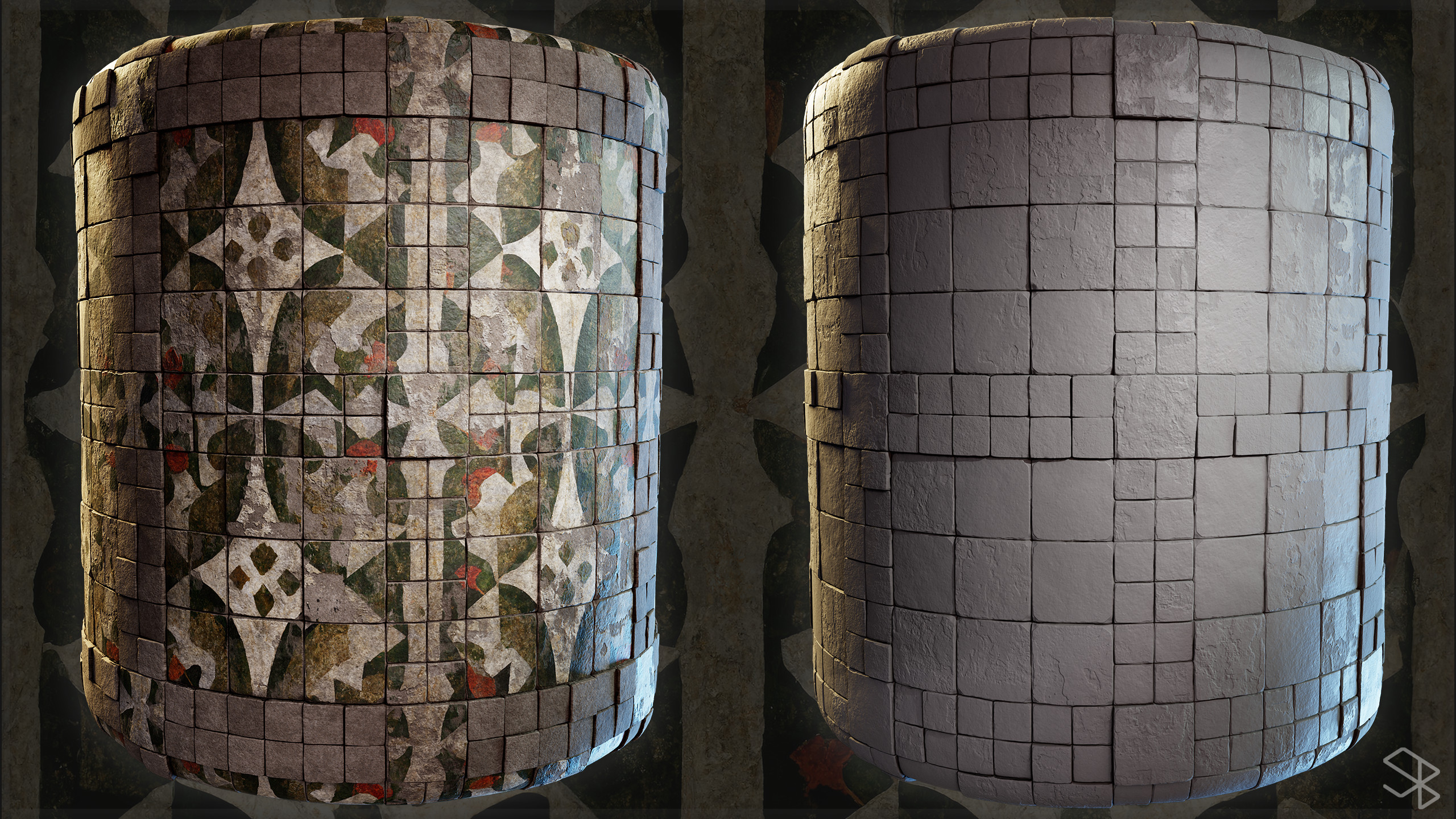 Midjourney pattern used as the painted image on these tiles, created in a Substance Designer workflow. (Pattern and Midjourney grunges used shown below)