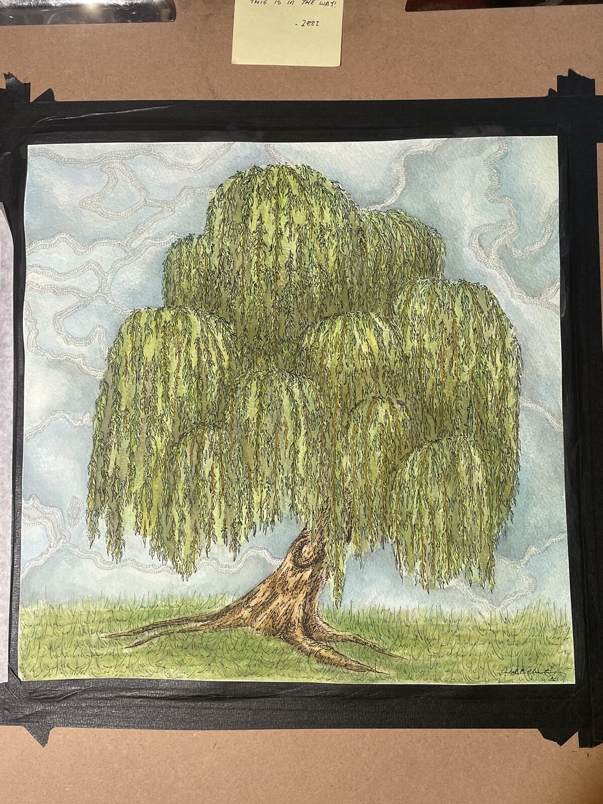 White and grey ink added to the sky to bring out the clouds and play with shape and line. 
This is a more accurate representation of the final colors. 