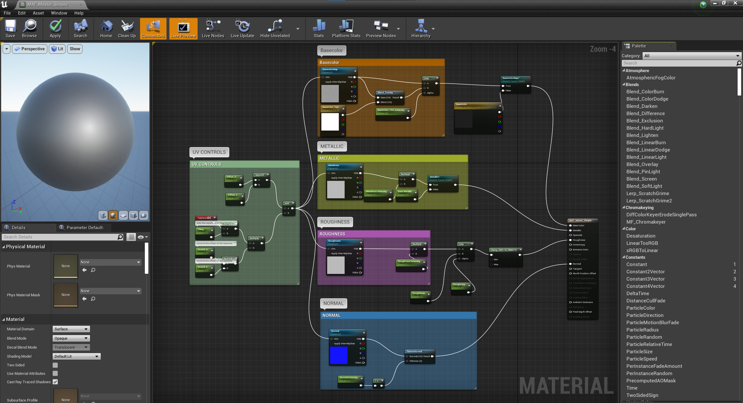 Tiling Master Material.
This was the base for all material instances that used tiling materials and textures from Megascans or Substance Designer. 