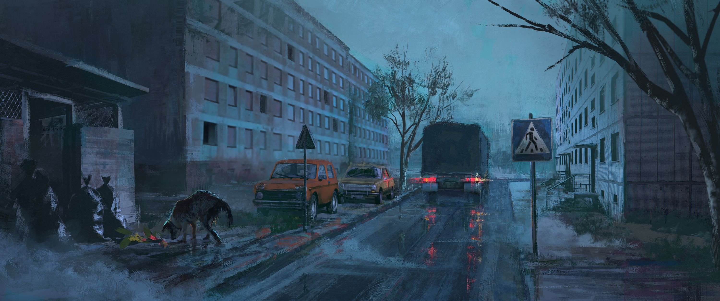 Unfinished alternative version. Inspired by composition and palette of Simon Stalenhag.