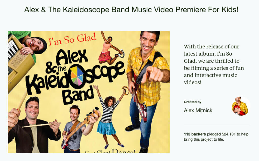 Alex Mitnick, lead singer of the Kaleidoscope Band, raised over $20,000 for his future albums, music videos, and website makeover on Kickstarter 

