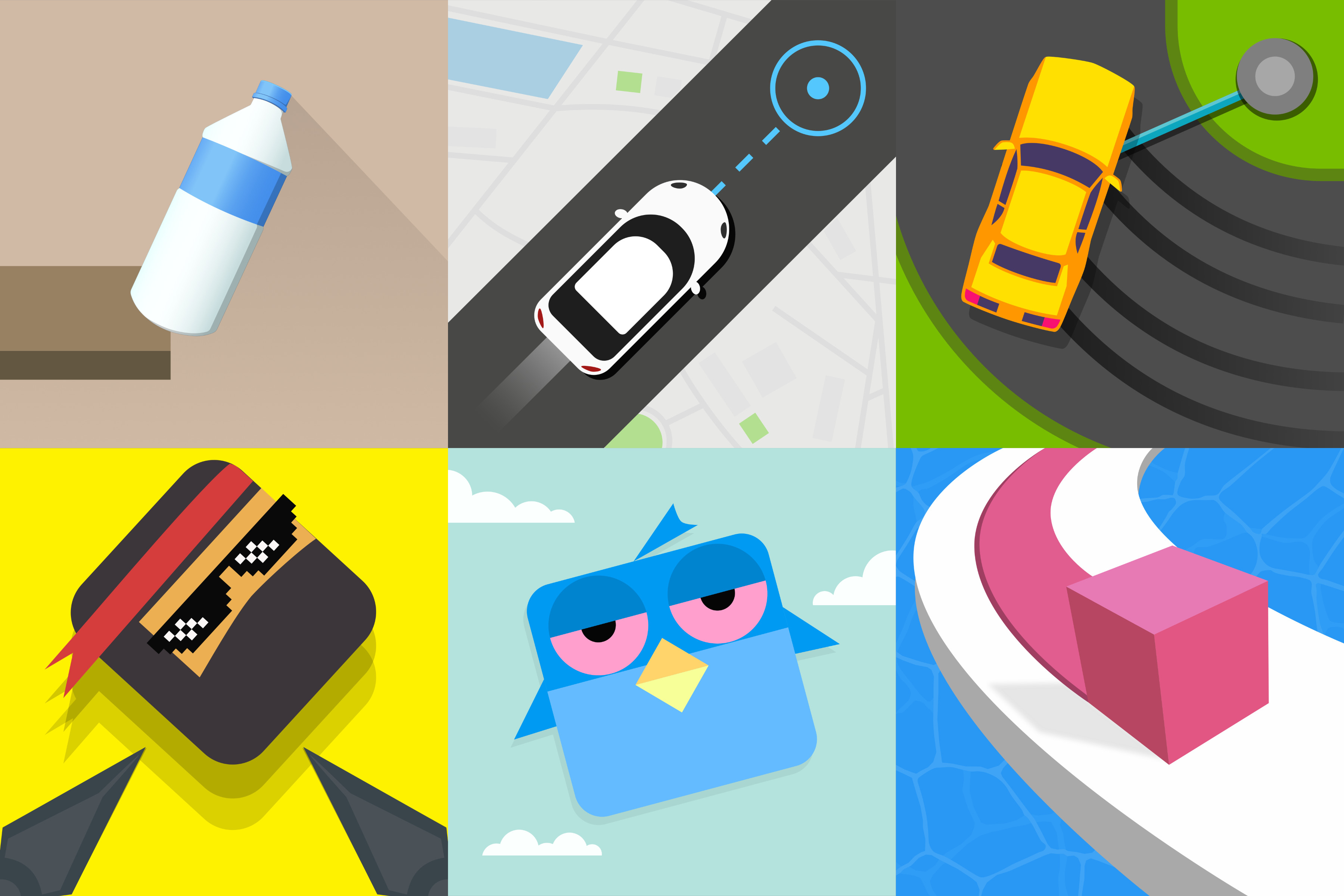 The vectorized game logos, top-left to bottom-right: Bottle Flip 3D!, Pick Me Up, Sling Drift, Swaggy Ninja, Dooby Bird, Line Color 3D
Made in Affinity Designer.