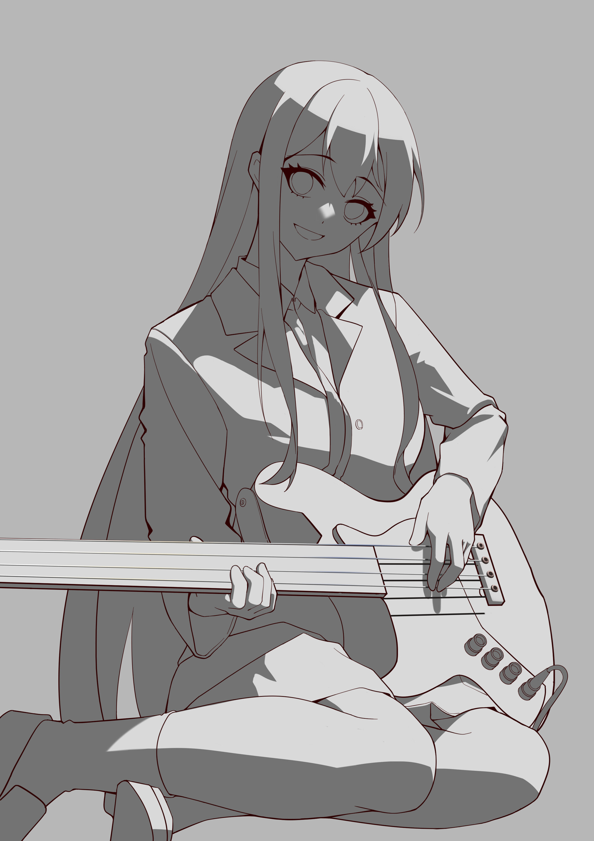 人物画　点描画　 「Female Guitarist」 Female Guitarist White and Black Digital Art by Aged Pixel