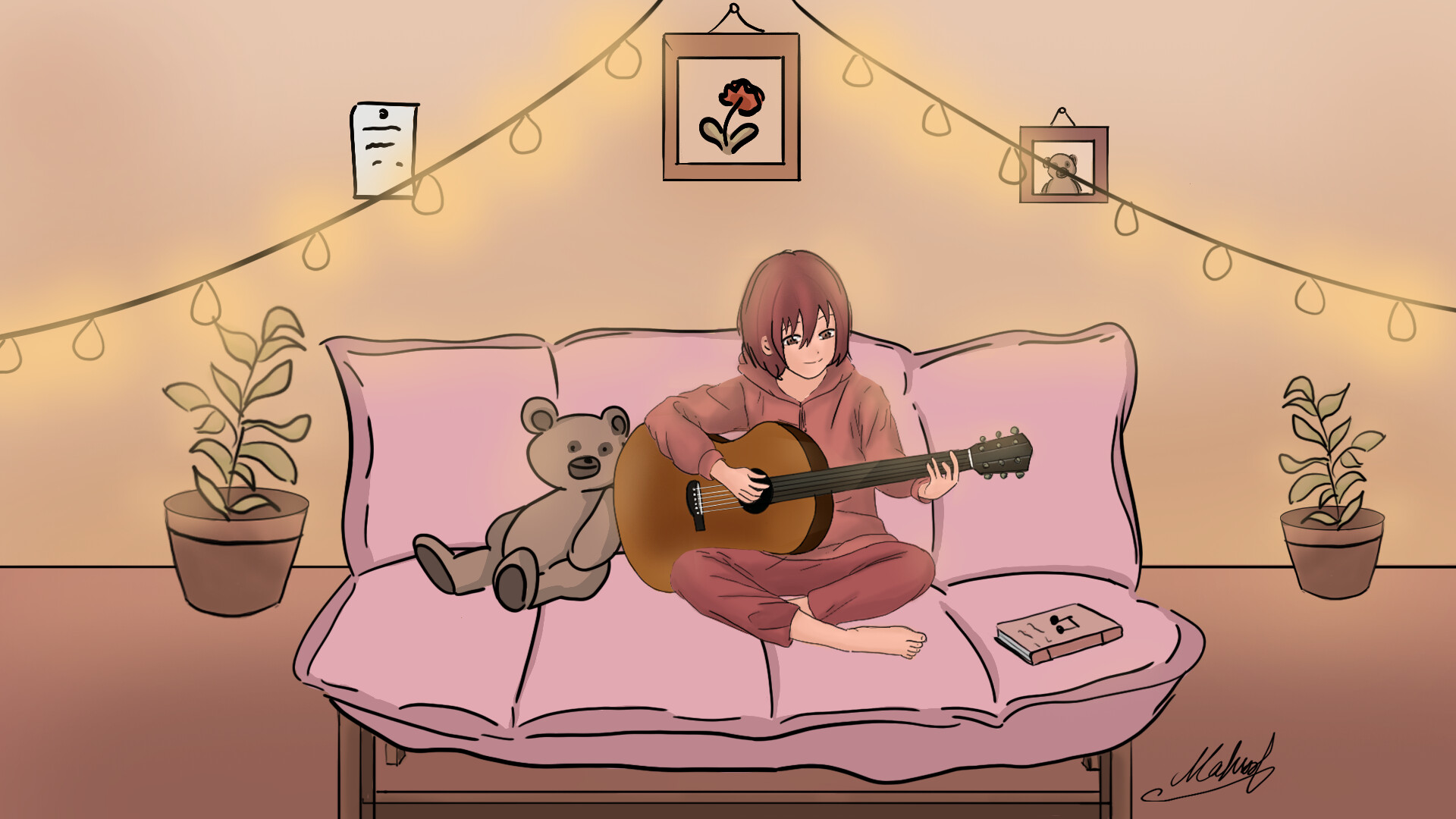 ArtStation - Guitarist girl with brown hair, image size:1920x1080