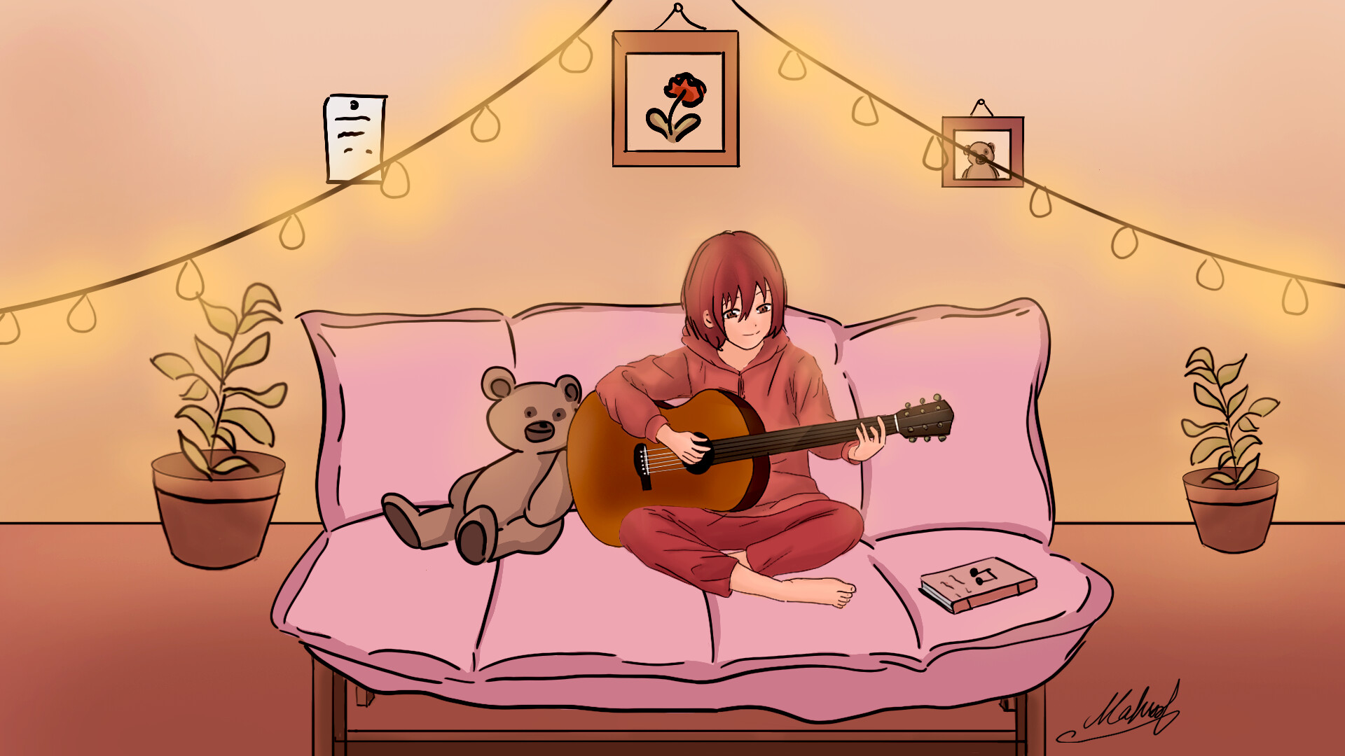 anime girl playing guitar drawing