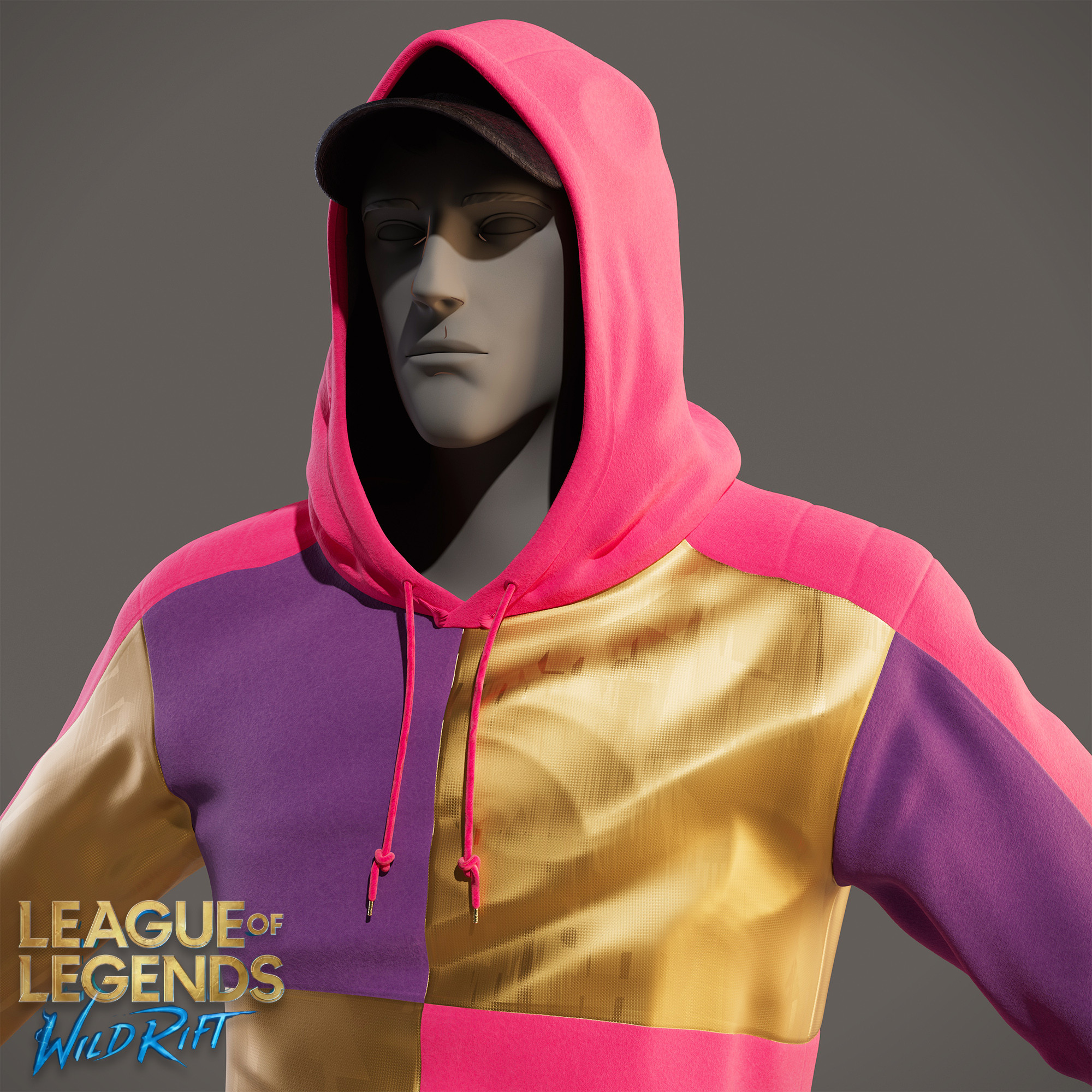 There's 3 kinds of Fabric over the hoodie. With different characteristics, bump and displacement map to give the cotton look, metallic look, etc. Over the Golden are i added some layers of patterns as everything else on this animation to connect the style