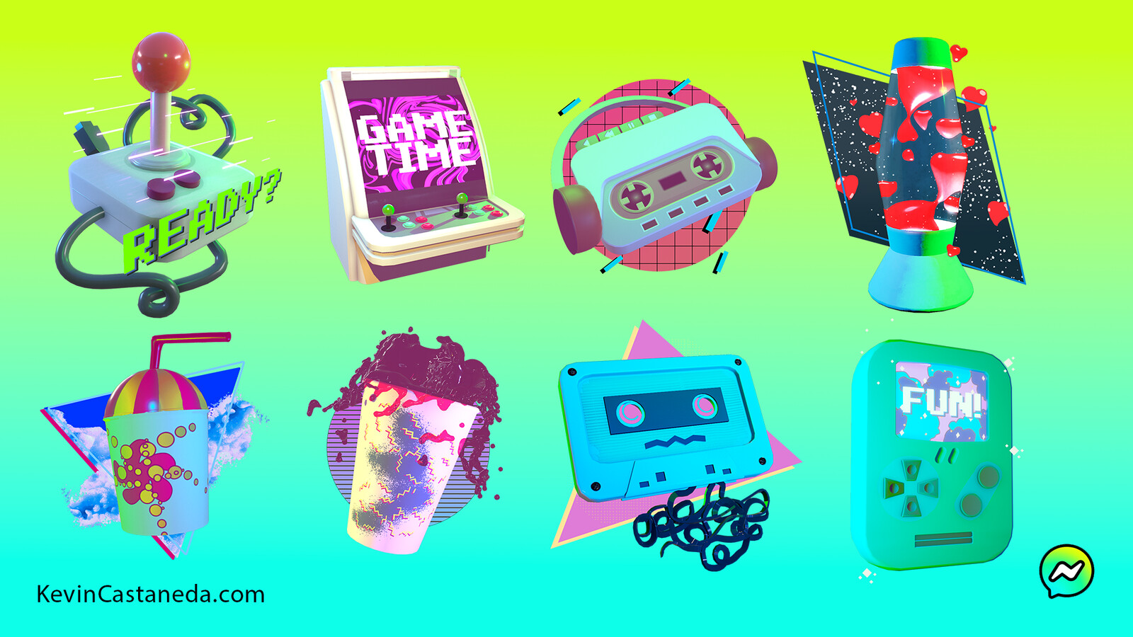 My retro 80's sticker pack published onto Messenger Kids. Concepts and final artwork by me. Done in Maya, Substance Painter and Photoshop.