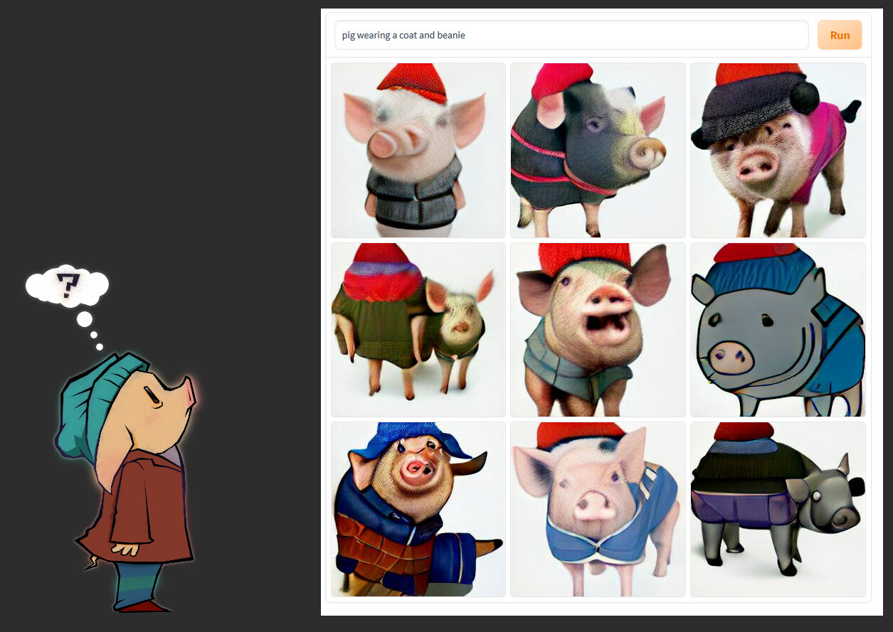 A pig wearing a coat and a hat gazes into the abyss of horror created by AI art generation