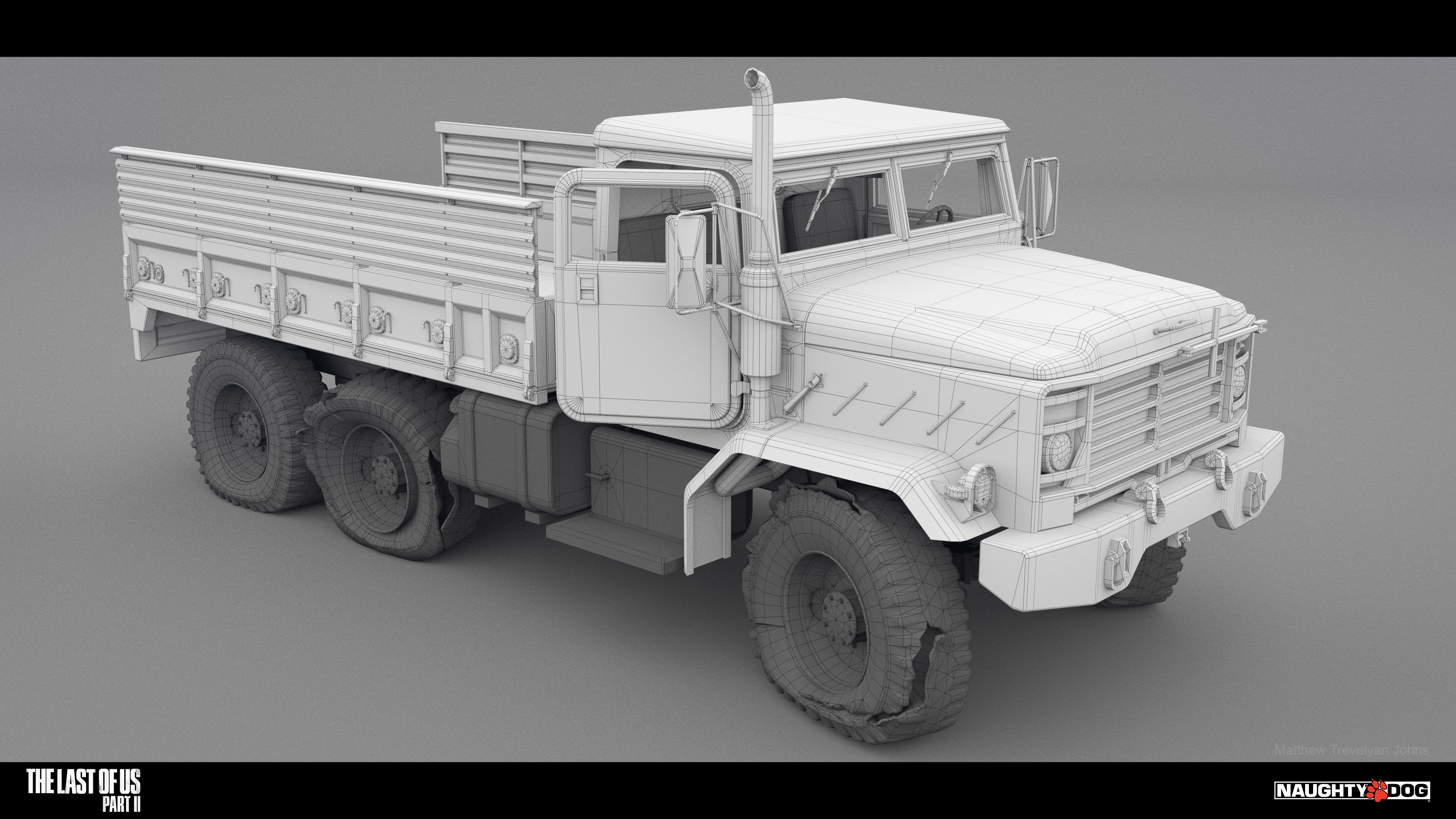 Here's an example of the wireframe. Mid-poly modeling + bake kit + pom decals + mask based layered shaders  = my vehicle pipeline for TLOU:II. See my GDC talk for more details (shameless plug)