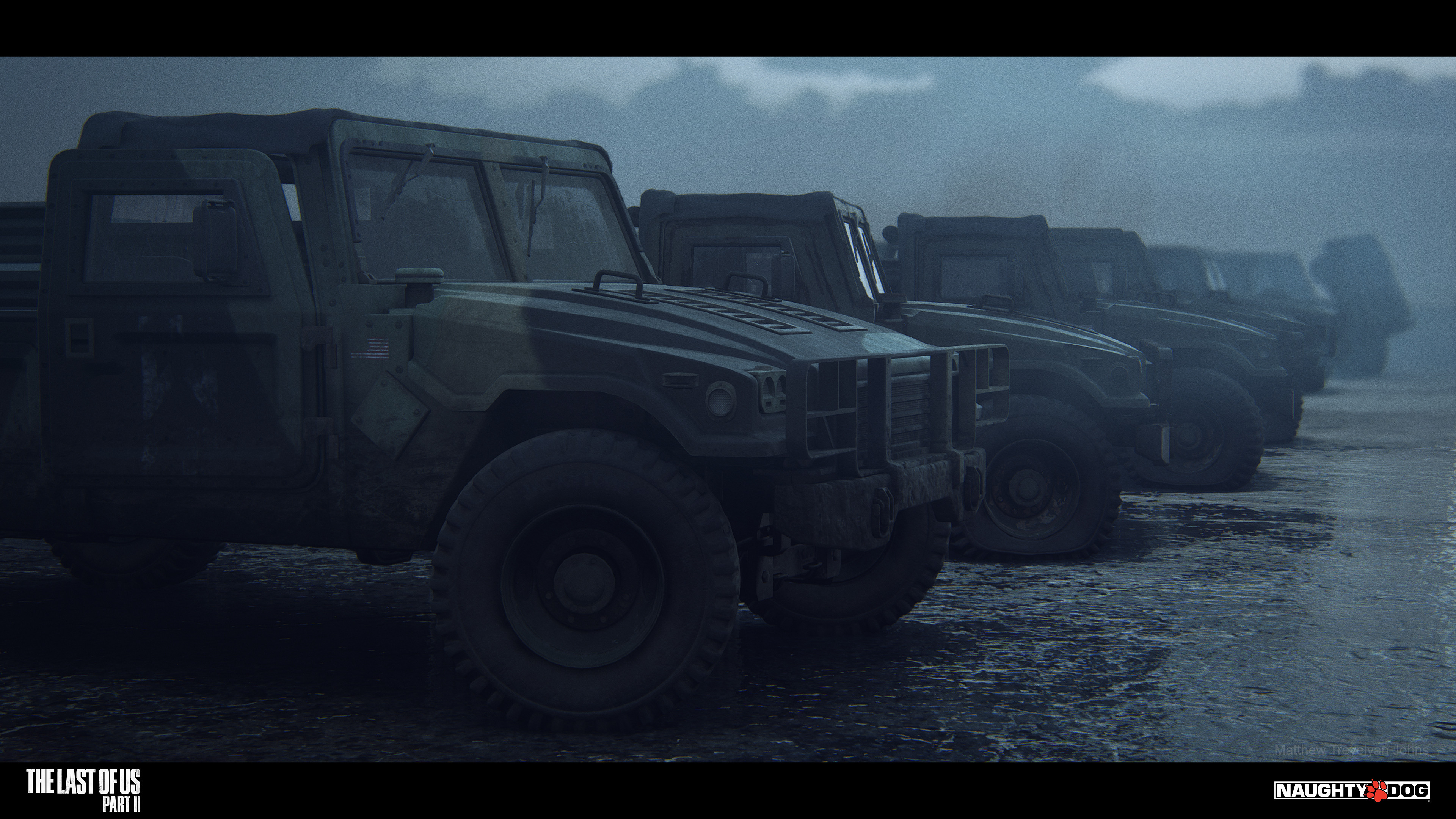 Test scenes like this allow me to prototype shaders and examine my assets up close, without the distraction of other environment elements. I love this wet, overcast fog setting and the camo paint material variation seen here for the WLF vehicles