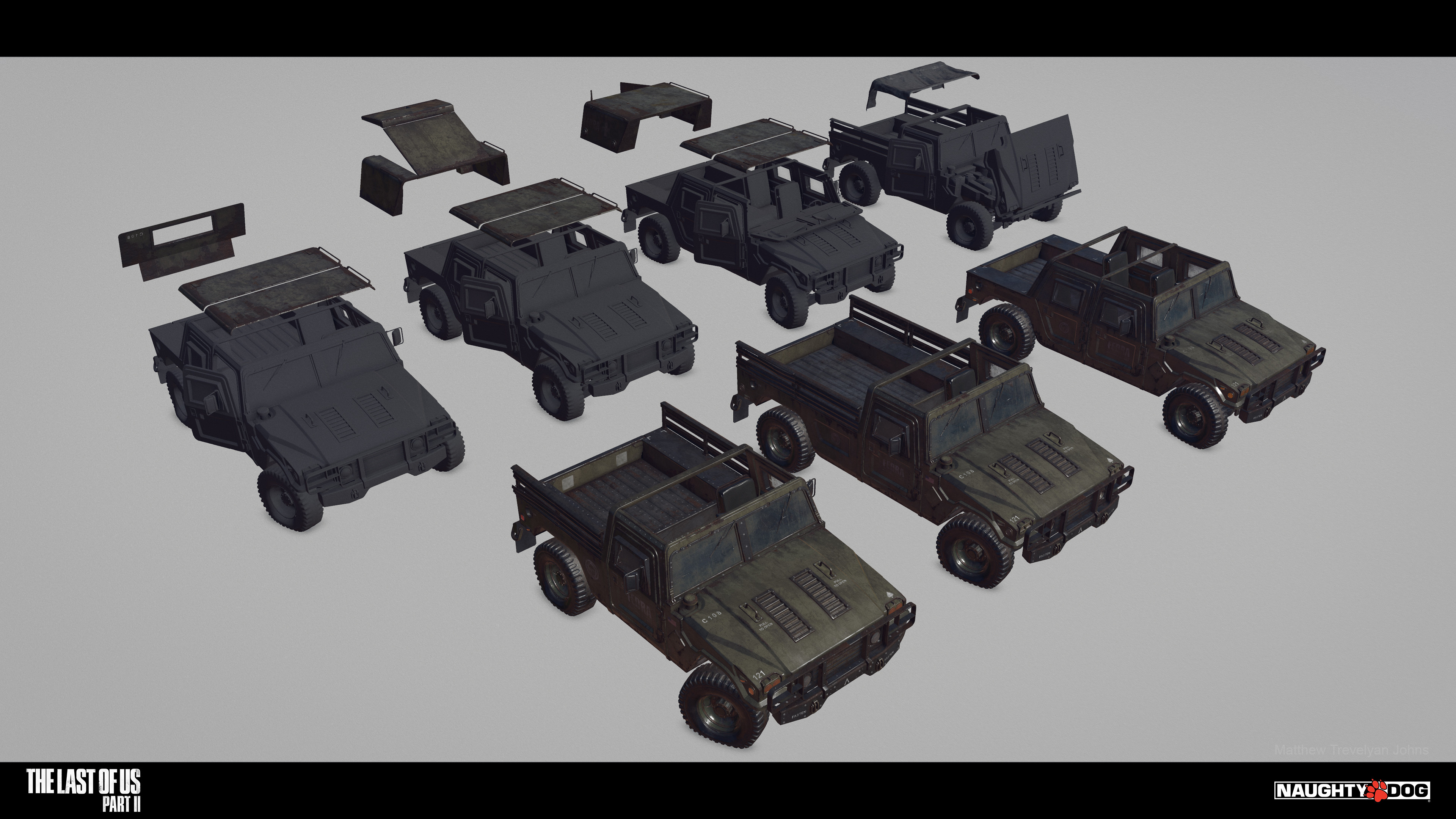 Here's an example, in the front we have 3 truck-bed variations attached to the same front end of the vehicle to create different looks. And in the back, we see an assortment of attachments that could create even more variations of the same vehicle
