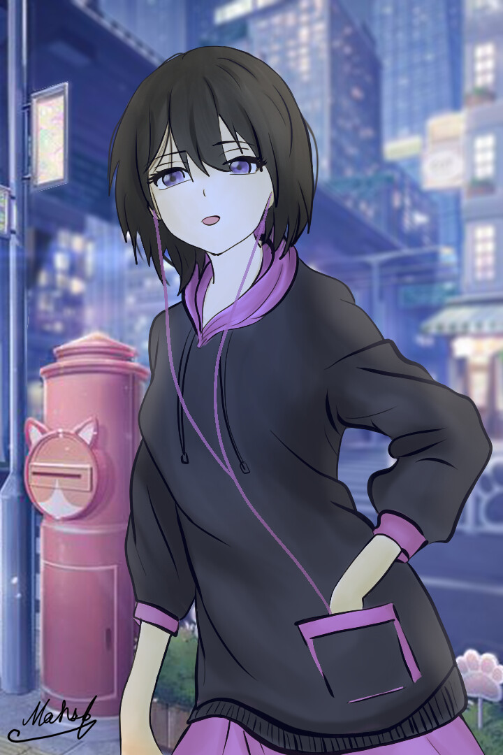 ArtStation Anime girl with short black hair in a hoodie at night by