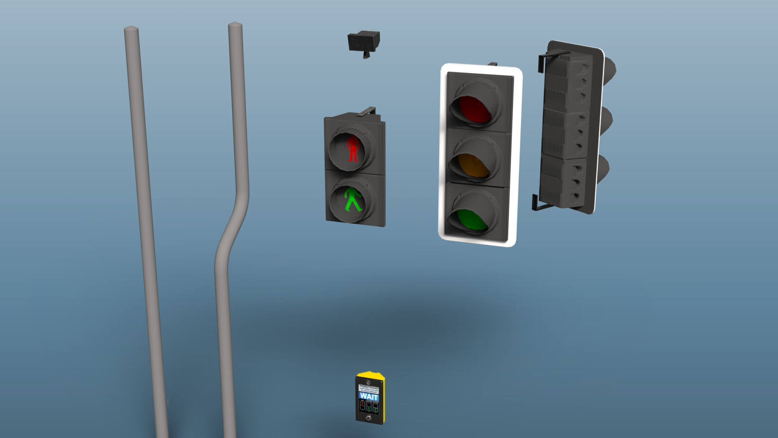 Individual modules: two types of pole, infrared detector, walk / don't walk lights, crossing button, and traffic light (with rear view also shown).