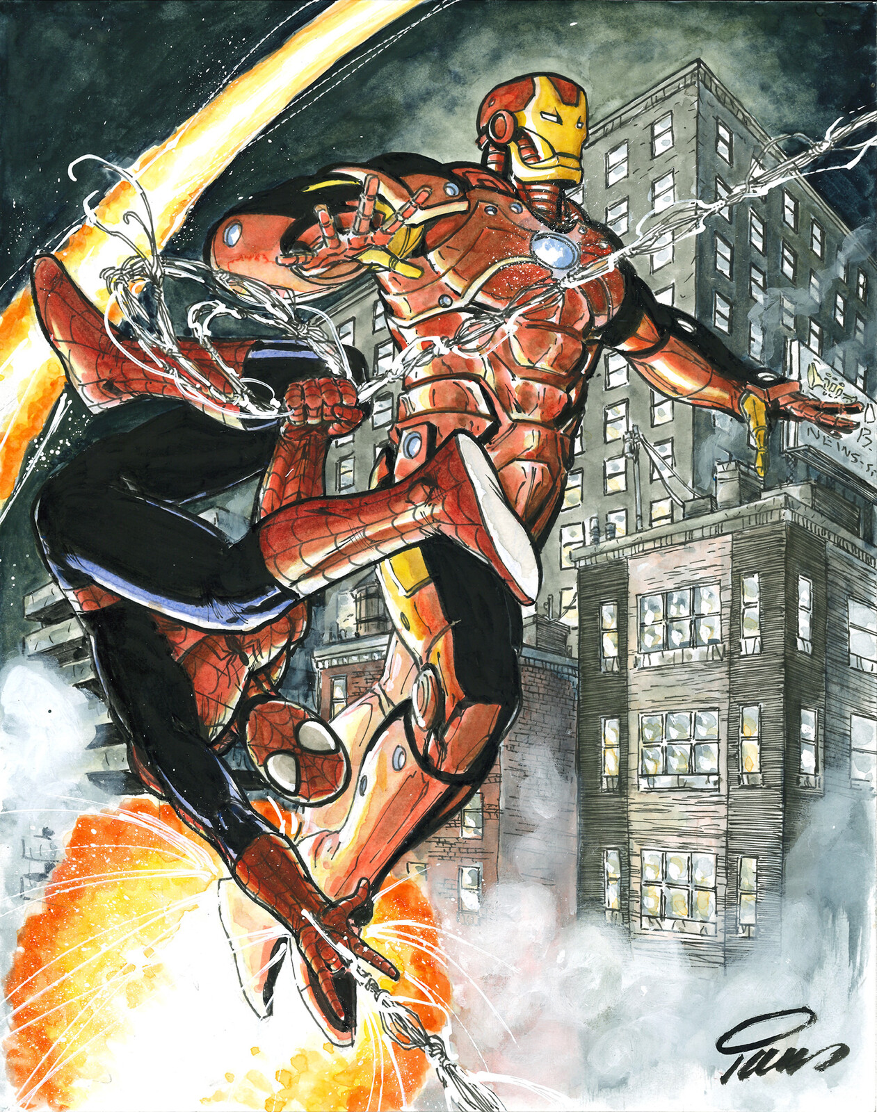 Iron Man and Spider-Man finished ink and watercolor commission.