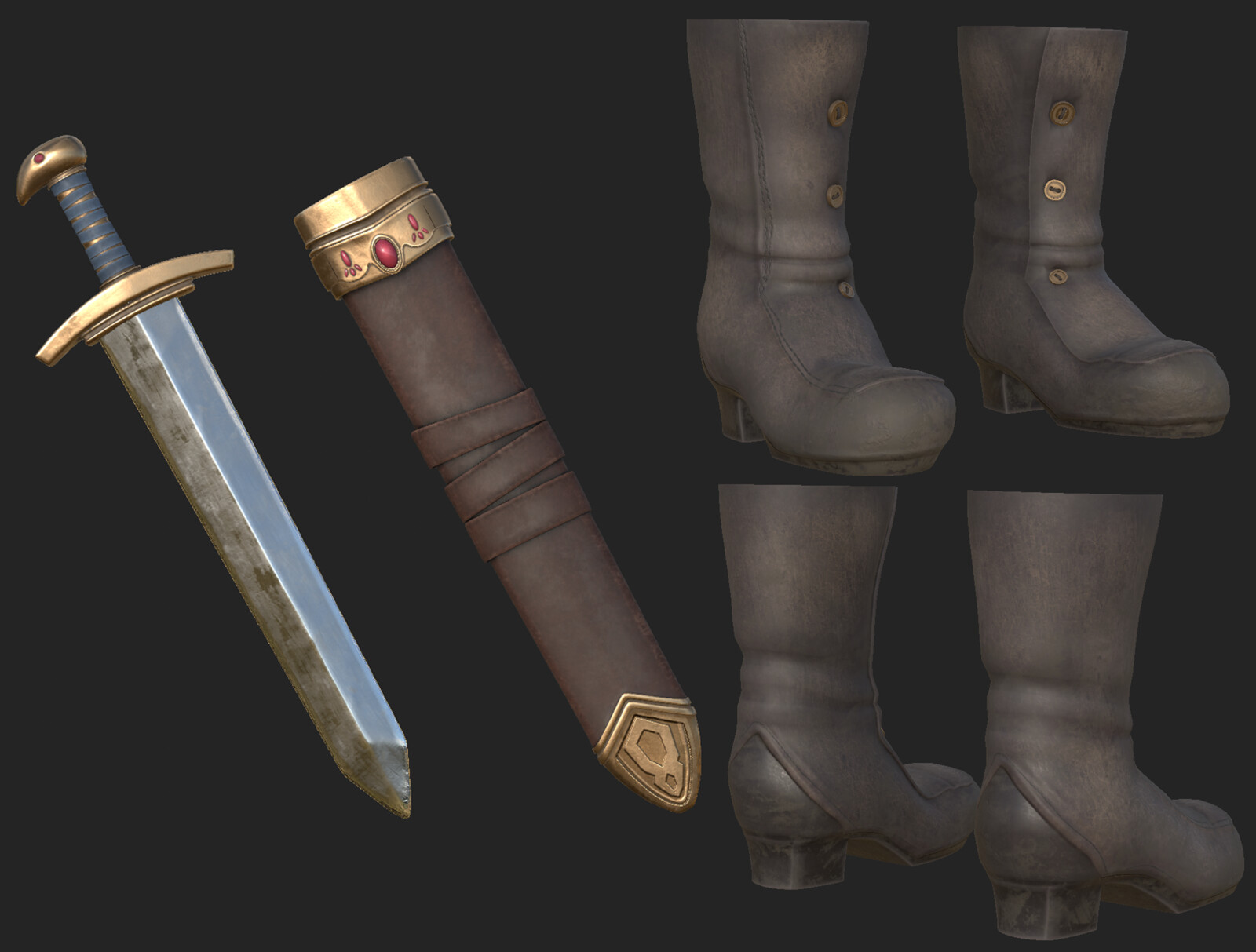 Closeups of the boots and sword.