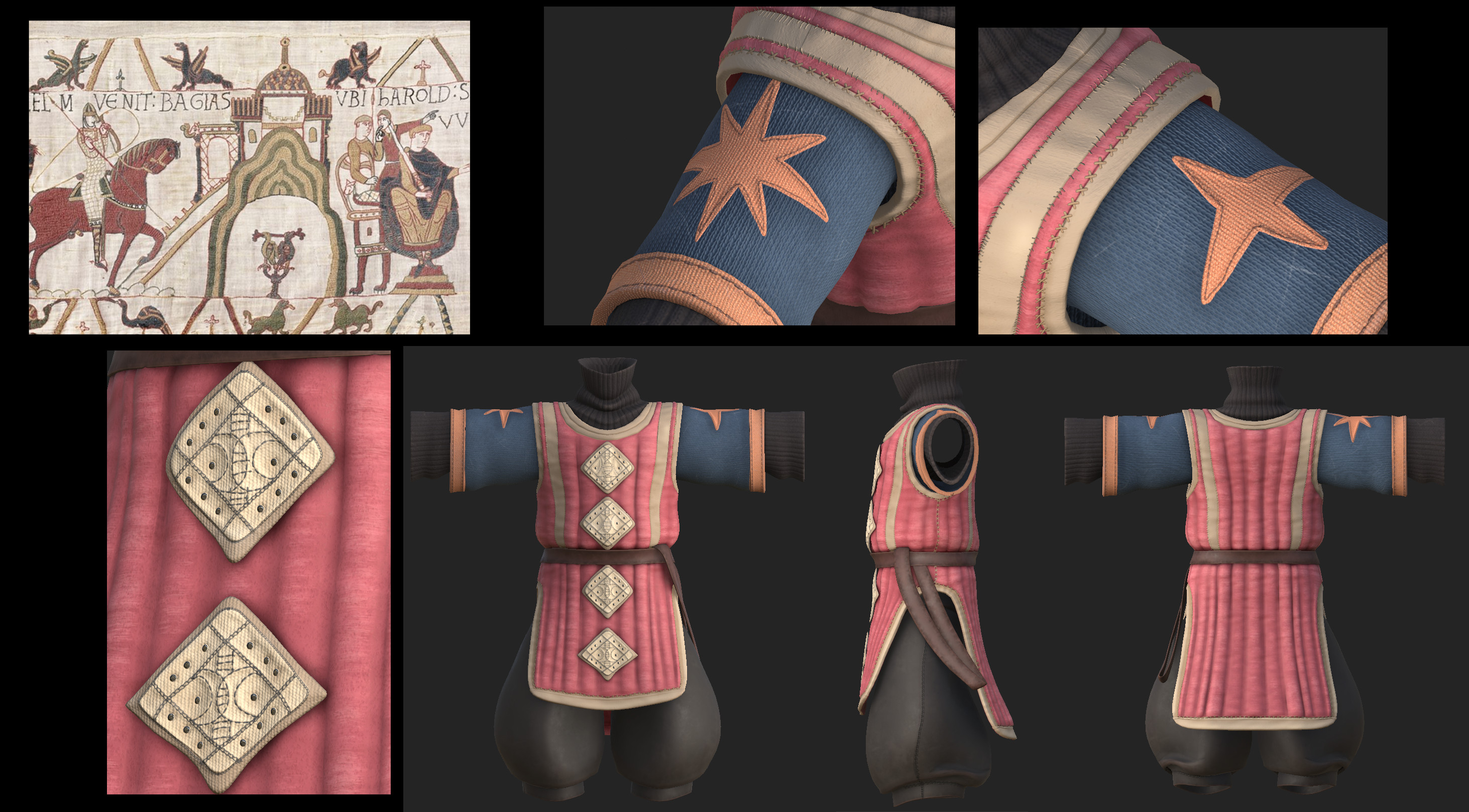 Details from Substance showing the parallels of the gambeson and the Bayeaux Tapestry.  I aimed for a blend of realism and stylization which really appeals to me.