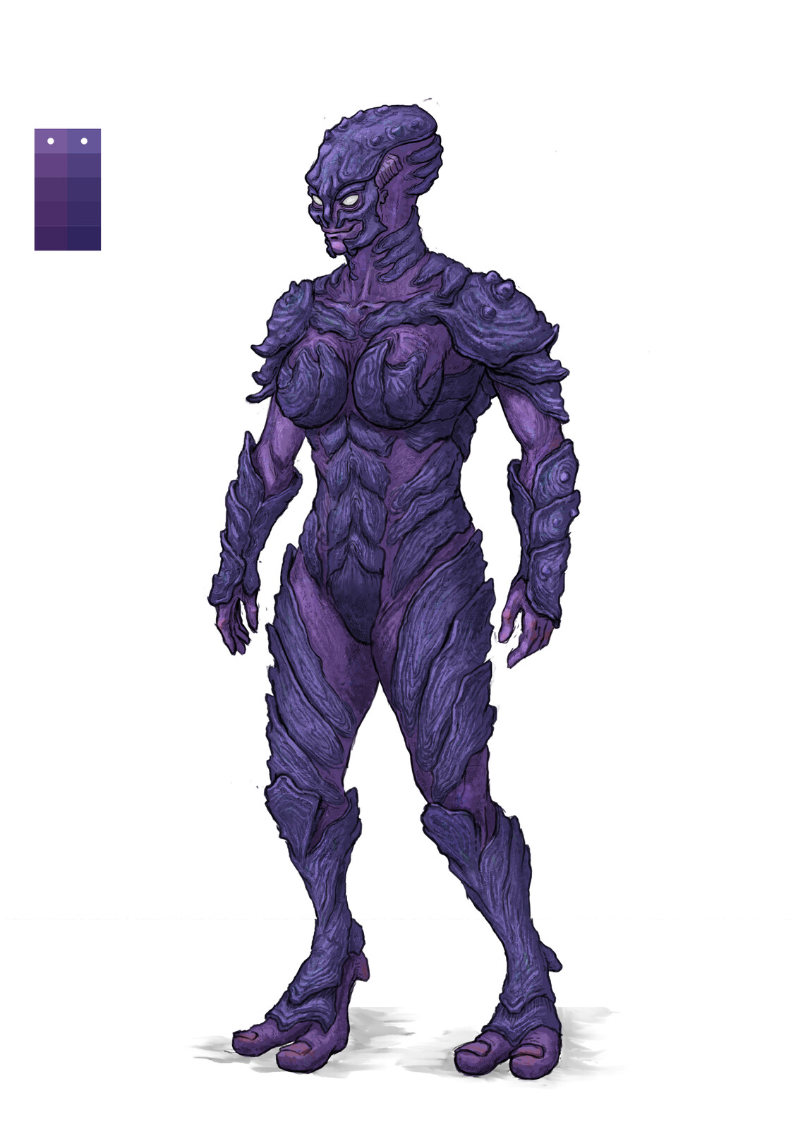 Tarrgg
(female of species).

Average Stats: 
Height: 1.90m 
Weight:  110kg
Life span average: 175 years

Warrior species from the same homeworld as the Vaks. Their outer skin is a husk providing protection.