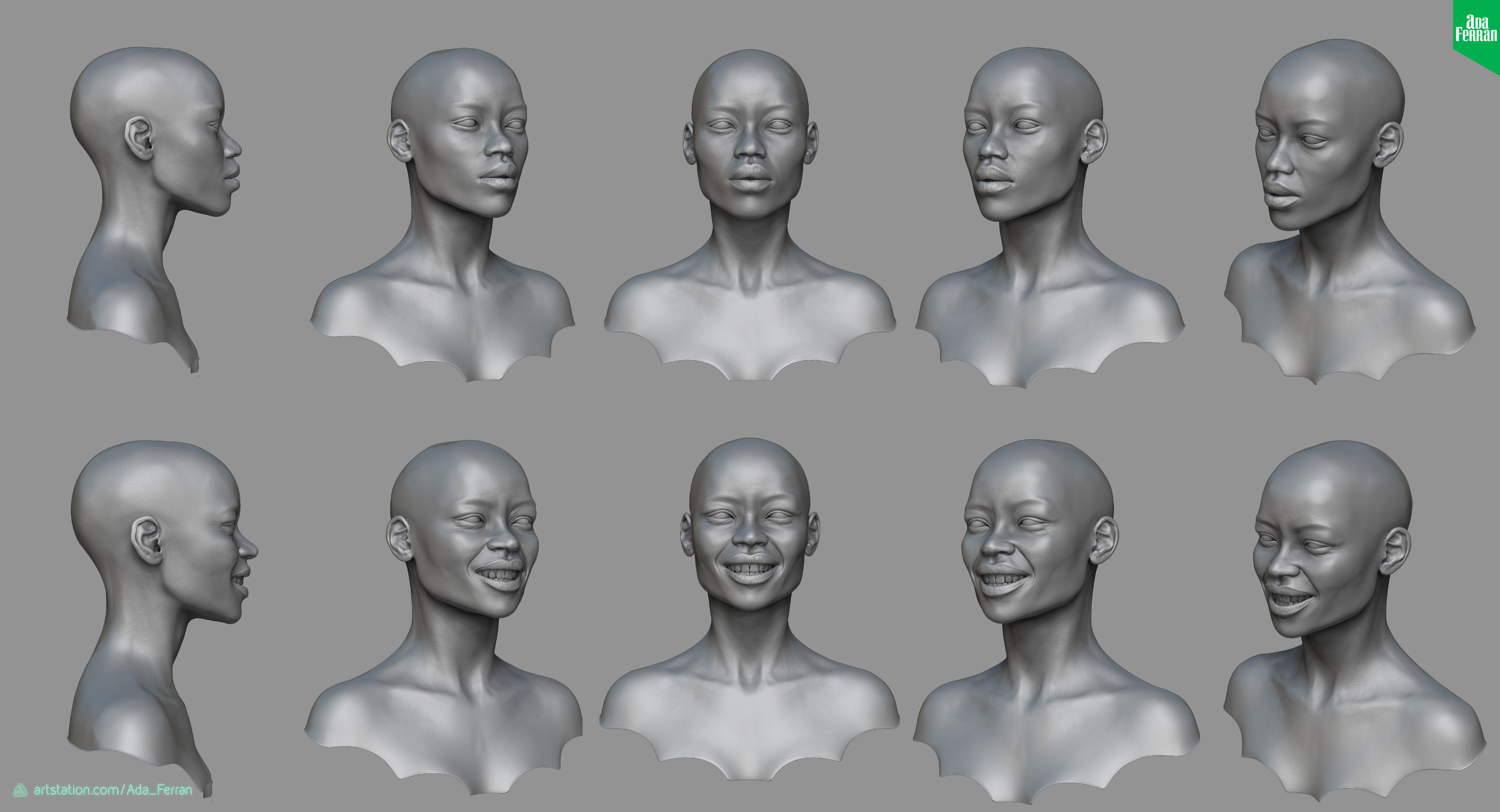 Sculpt views for serious and smiling attitudes. Same low poly mesh, but different normal maps.