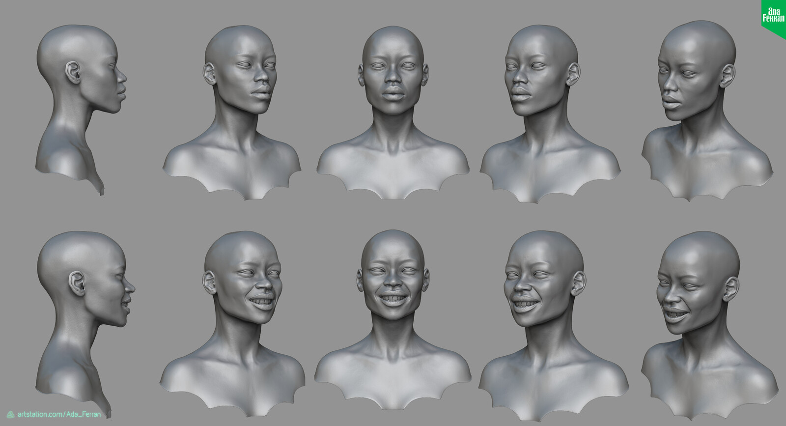 Sculpt views for serious and smiling attitudes. Same low poly mesh, but different normal maps.