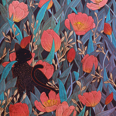 Roberto nieto black cat and tulips 600