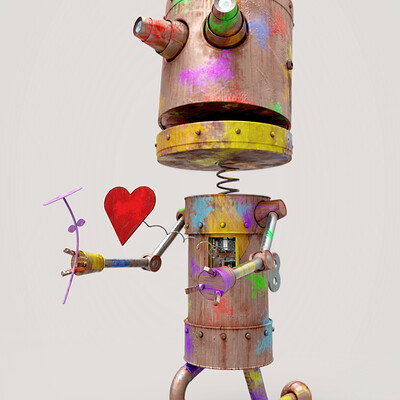And3d crazy painter robot in love