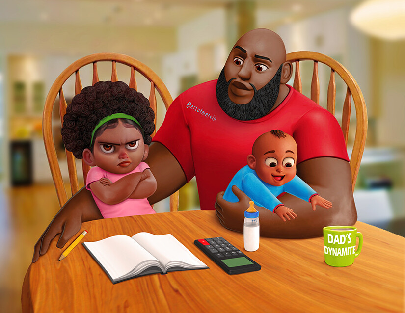 Illustration of a black father with his daughter with a scowl on his face and a baby boy reaching for father's mug of cocoa beverage. Illustration by Mervin Kaunda