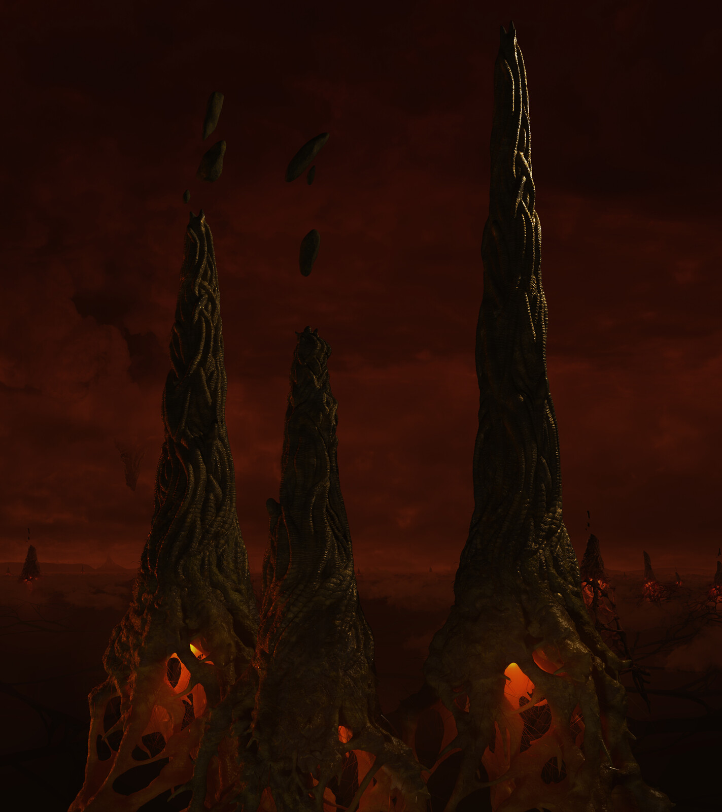 Here is the final design of the stalagmites in Vecna's world. I created these in Zbrush. The glow was later removed from under the stalagmites.