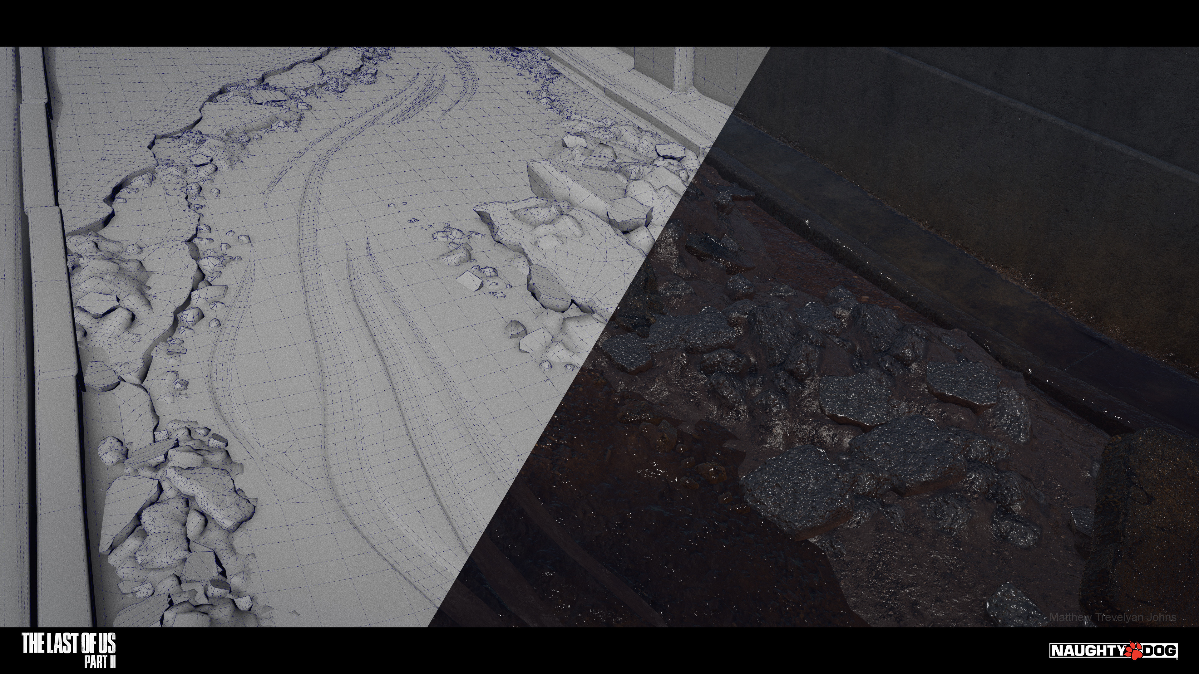 Here are some wireframe shots, I imagined the broken water pipes at some point breaking, flooding the parking garage and eroding the asphalt so that it would break away, sliding down the slope revealing the earth beneath...