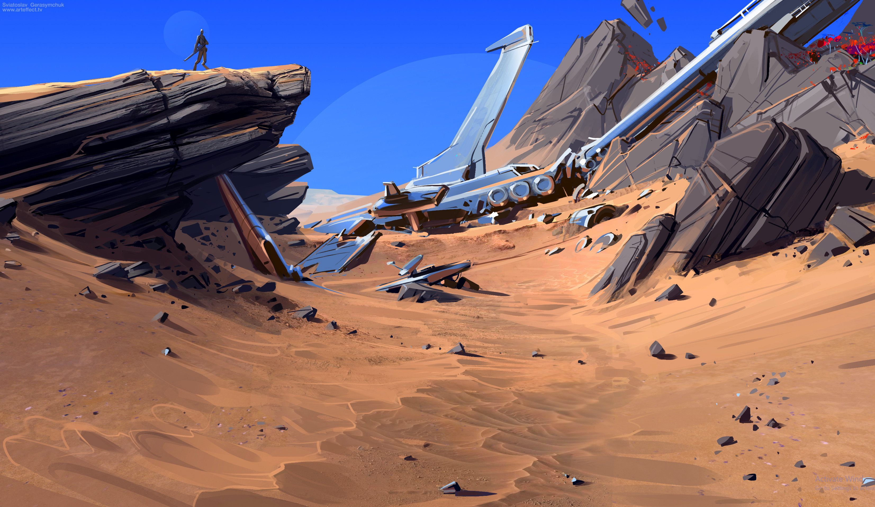 Landscape of Mars with a crashed spaceship