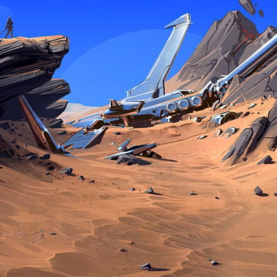 Sviatoslav gerasimchuk landscape of mars with a crashed spaceship
