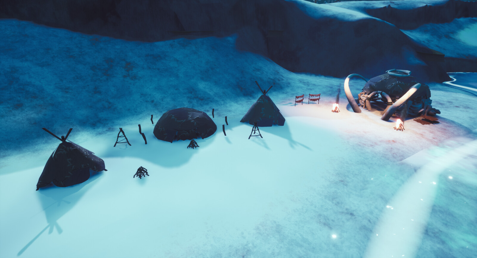 In-game render of the huts and tipis
